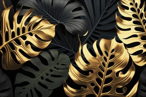 Tropical palm leaves pattern background. Gold and black monstera tree foliage Stock Illustration