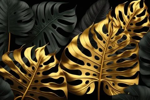 Tropical palm leaves pattern background. Gold and black monstera tree foliage Stock Illustration
