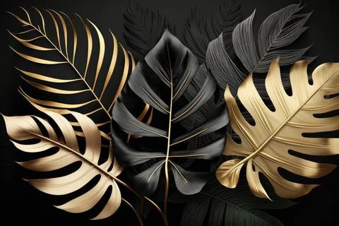 Tropical palm leaves pattern background. Gold and black monstera tree foliage Иллюстрация