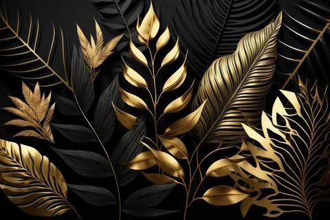 Tropical palm leaves pattern background. Gold and black monstera tree foliage Stock Illustration