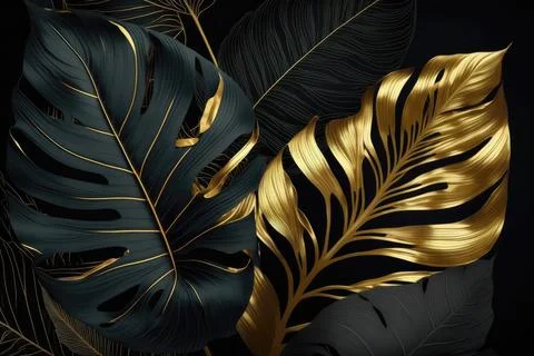 Tropical palm leaves pattern background. Gold and black monstera tree foliage Иллюстрация