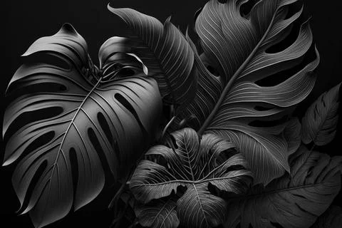 Tropical palm leaves pattern background. Monochrome monstera tree foliage Illustrazione stock