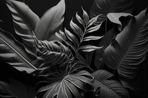 Tropical palm leaves pattern background. Monochrome monstera tree foliage Stock Illustration