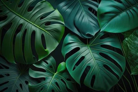 Tropical palm leaves pattern background. Green monstera tree foliage decoration Stock Illustration