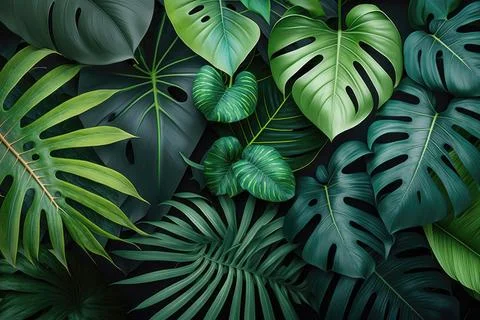 Tropical palm leaves pattern background. Green monstera tree foliage decoration Stock Illustration