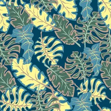 Tropical palm leaves seamless pattern. Green, dark, gray and khaki. Vector il Stock Illustration
