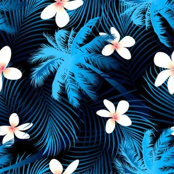 Tropical palm seamless pattern with black background Stock Illustration