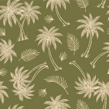 Tropical Palm Tree and Leaf Pattern on Olive Green Background. Illustrazione stock