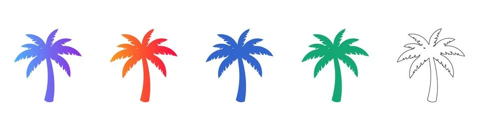 Tropical Palm Tree Icons in Bright Colors and Outline Stock Illustration
