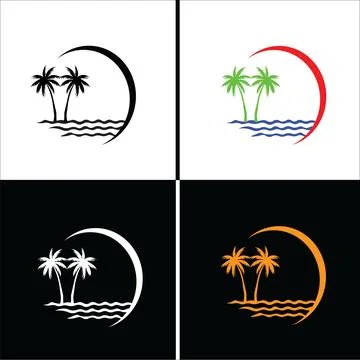 Tropical palm tree logo set. Beach resort icons with sun and ocean waves. Stock Illustration