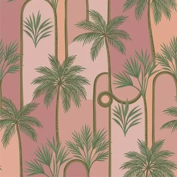 Tropical Palm Tree Pattern with Arches and Geometric Shapes in Pink and Gre.. 스톡 일러스트