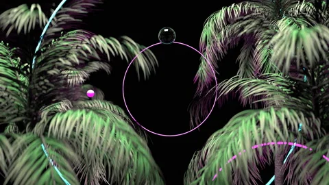 A tropical palm tree sways in the wind at night. Neon circles and glass spheres Stock Footage 121421154