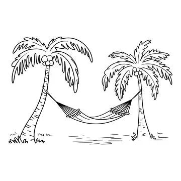 Tropical Palm Trees with Hammock Line Art Summer Beach Vacation Vector Stock Illustration