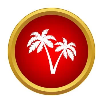 Tropical palm trees icon on red button with gold border イラスト素材