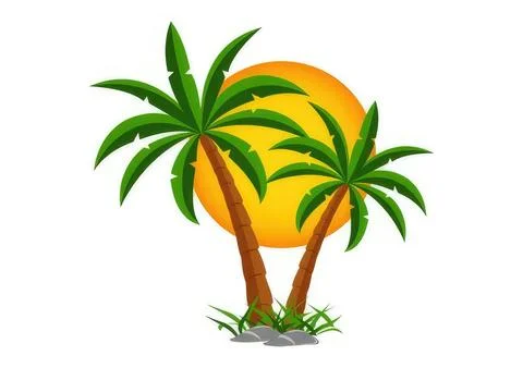 Tropical palm trees with setting sun in background Stock Illustration