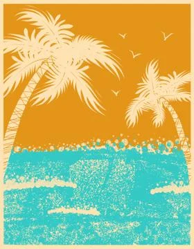 Tropical palms background with ocean waves Stock Illustration