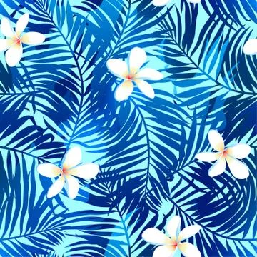 Tropical palms seamless pattern in blue with Frangipani flower Stock Illustration