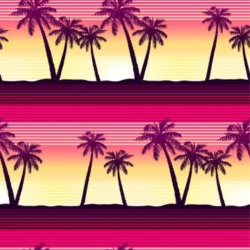 Tropical palms at sunset seamless pattern Illustrazione stock