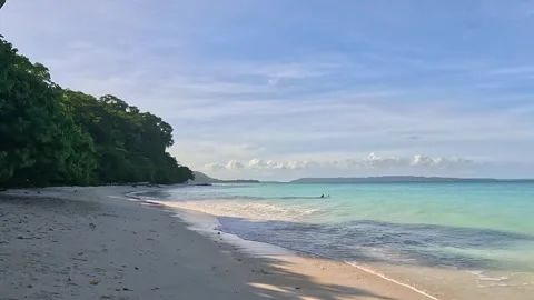 Tropical Paradise Beach with Turquoise Waves, White Sand, and Lush Green Forest Stock Footage 340414022
