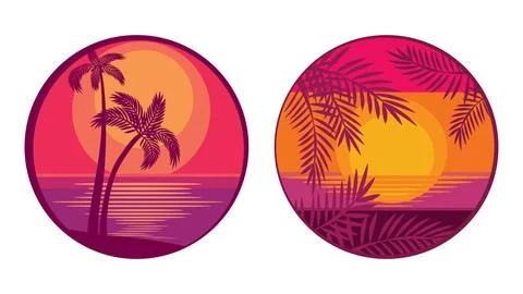 Tropical paradise concept round vector badges 스톡 일러스트