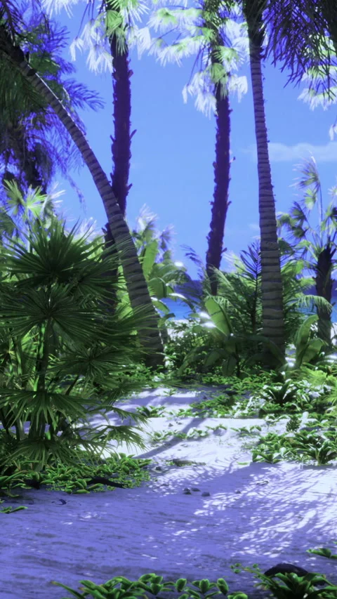 Tropical paradise path surrounded by lush greenery and vibrant palm trees Vídeo Stock 334242627