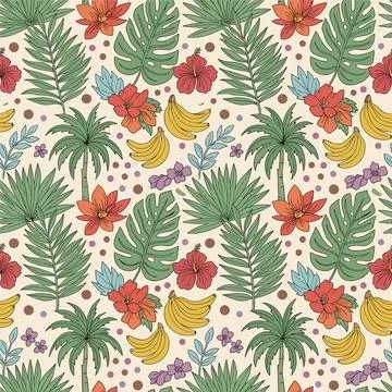 Tropical Paradise Pattern with Palm Trees, Bananas, and Exotic Flowers. Stock Illustration