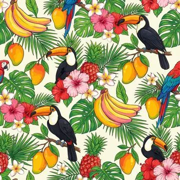 Tropical paradise seamless pattern with exotic birds, fruits, and flowers. Stock Illustration