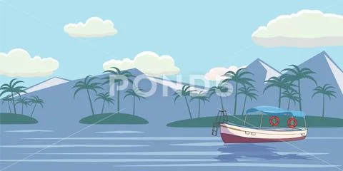 Tropical paradise. Turquoise ocean, island, palm trees, yacht, illustration. Stock Illustration