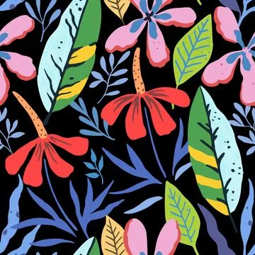 Tropical pattern with doodle floral and fruit elements. Vector illustration. Illustrazione stock