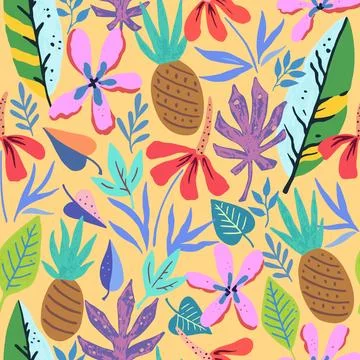 Tropical pattern with doodle floral and fruit elements. Vector illustration. 스톡 일러스트