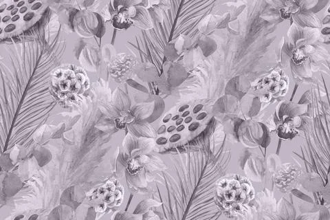 Tropical pattern with dried flowers herbarium with orchid flower and dry palm Stock Illustration