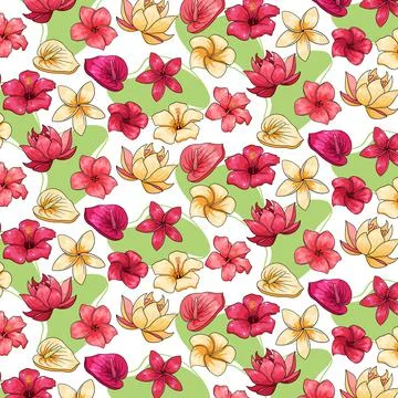 Tropical pattern with exotic flowers in cartoon style Stock Illustration