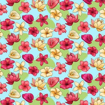 Tropical pattern with exotic flowers in cartoon style Stock Illustration