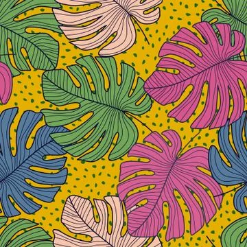 Tropical pattern with exotic monstera leaves seamless on dots background. Stock Illustration