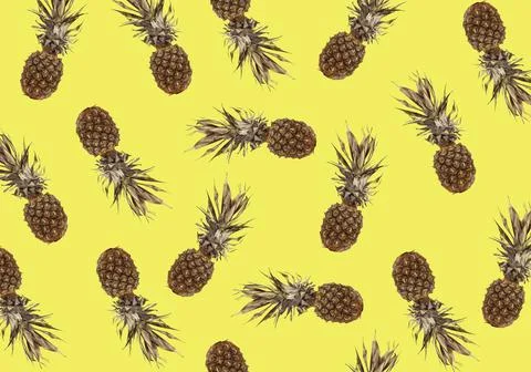.tropical pattern with exotic pineapple fruit on a yellow background Stock Photos