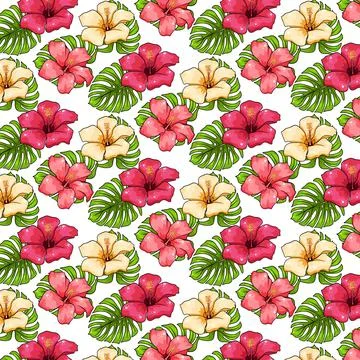 Tropical pattern with exotic plants flowers and leaves in cartoon style Stock Illustration