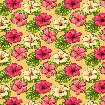 Tropical pattern with exotic plants flowers and leaves in cartoon style Stock Illustration