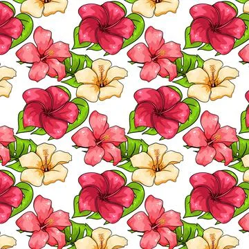 Tropical pattern with exotic plants flowers and leaves in cartoon style Stock Illustration