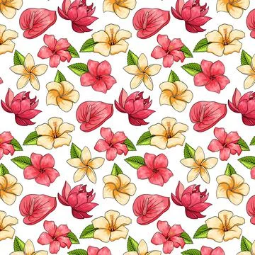 Tropical pattern with exotic plants flowers and leaves in cartoon style Stock Illustration