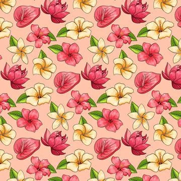 Tropical pattern with exotic plants flowers and leaves in cartoon style Stock-Illustration