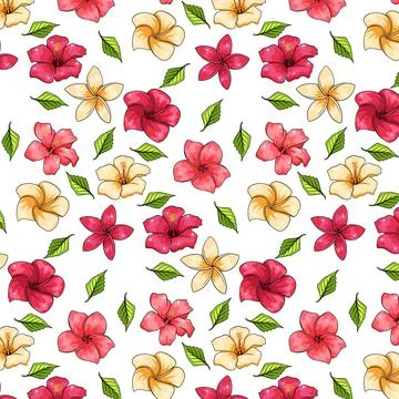 Tropical pattern with exotic plants flowers and leaves in cartoon style Stock Illustration