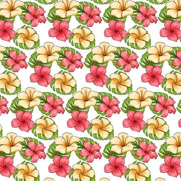 Tropical pattern with exotic plants flowers and leaves in cartoon style Stock Illustration
