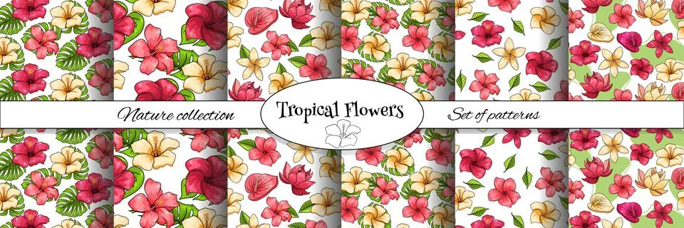 Tropical pattern with exotic plants flowers and leaves in cartoon style Stock Illustration