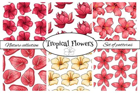 Tropical pattern with exotic plants flowers and leaves in cartoon style Stock Illustration