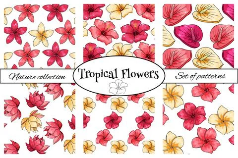 Tropical pattern with exotic plants flowers and leaves in cartoon style Stock Illustration