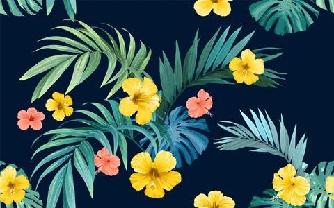 Tropical pattern with green monstera leaves and hibiscus flowers. Summer vector Illustrazione stock