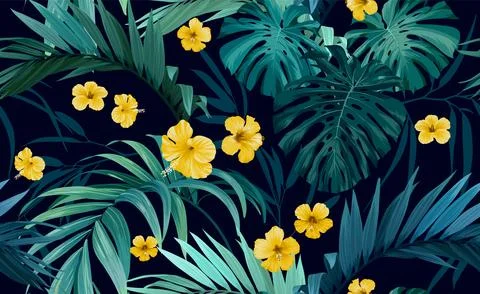 Tropical pattern with green monstera leaves and hibiscus flowers. Summer vector 库存插图