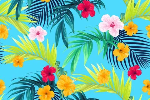 Tropical pattern with green palm leaves and hibiscus flowers. Summer bright blue 库存插图