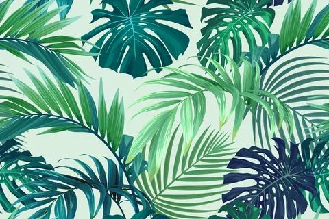 Tropical pattern with green palm leaves. Summer vector background or textile Illustrazione stock