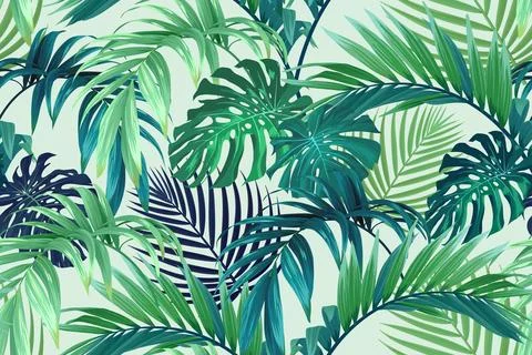 Tropical pattern with green palm leaves. Summer vector background or textile Stock Illustration